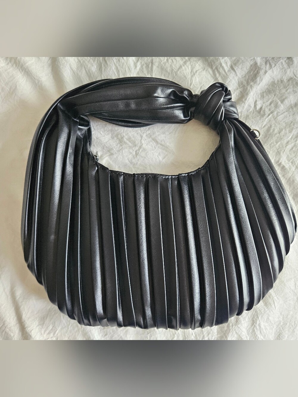 Black Pleated Knot-Handle Shoulder Bag